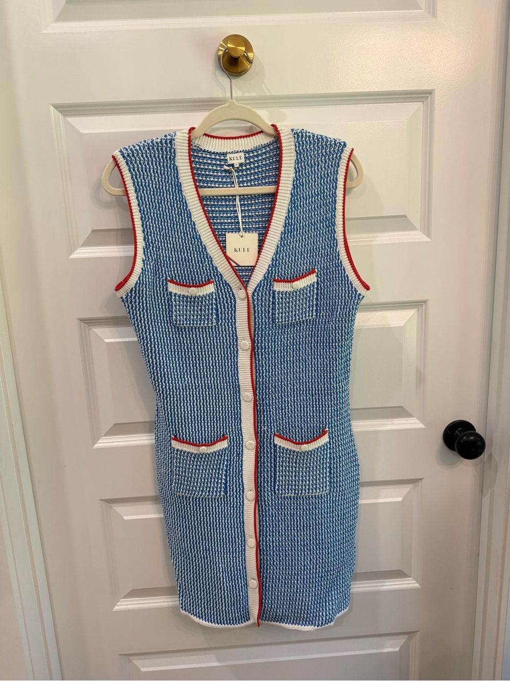 KULE The Virginie Knit Sweater Dress in White/Royal Blue - Picture 2 of 7